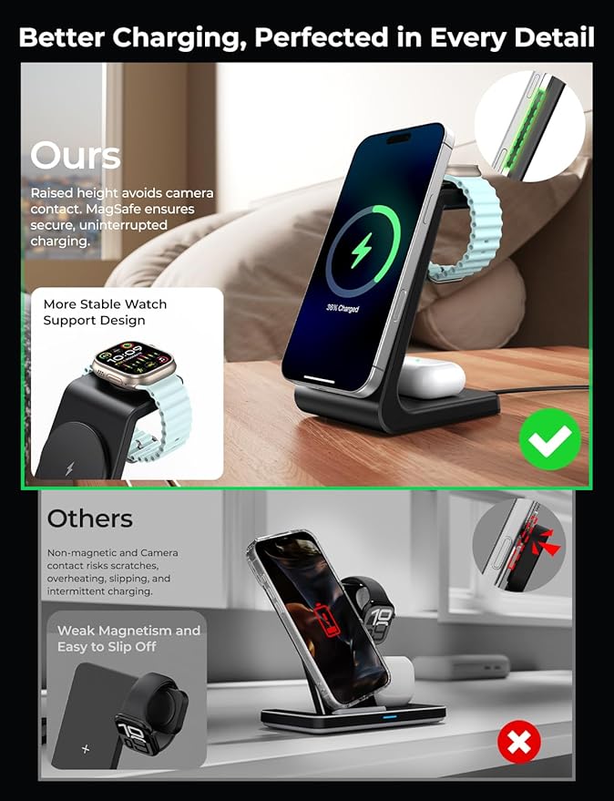 3 in 1 Wireless Charging Station for Apple Mag Safe Charger, 15W Fast Mag-Safe Charger Stand Compatible with iPhone 17 16 15 14 13 12, Apple Watch Charger & Airpods, Gifts for Wife & Husband, Black