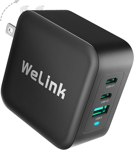 WeLink 100W USB C Charger, GaN PPS 3-Port Fast Compact Foldable USB C Charger Block for MacBook, iPad Pro, Galaxy S24, iPhone 16/15 and More