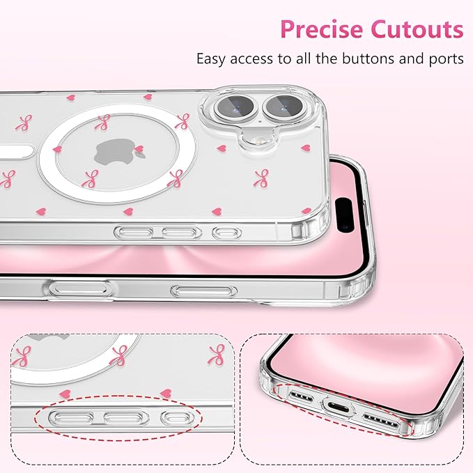 ZTOFERA for iPhone 16 Plus Magnetic Case Clear,Cute Love Heart Ribbon Bow Tie Aesthetic Phone Case,Transparent Trendy Slim Soft Shockproof Protective Phone Cover for Women Girls,Rose Pink
