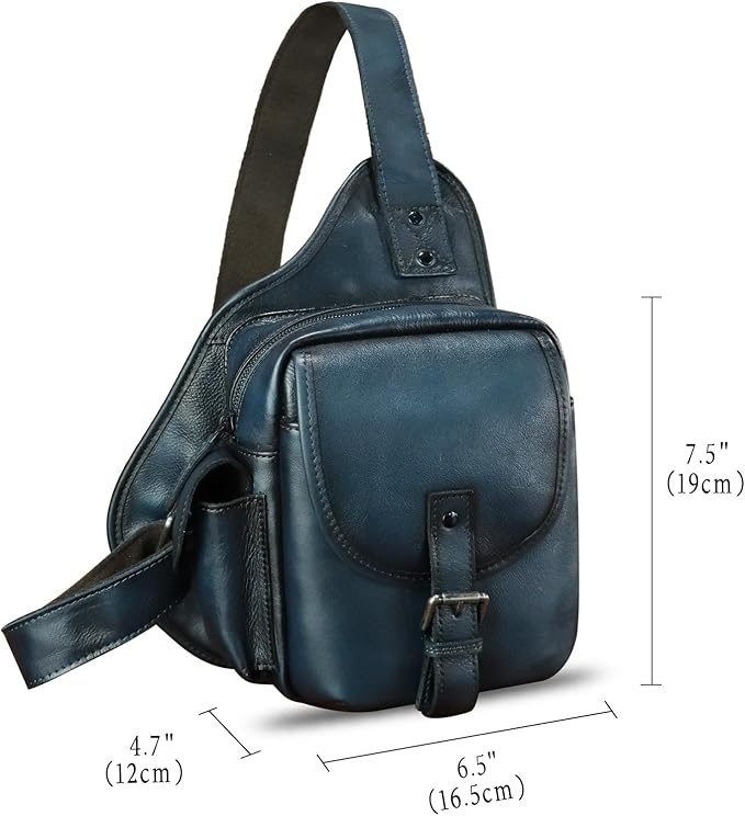 Genuine Leather Sling Bag for Men Women Chest Bag Crossbody Bag Vintage Sling Backpack Purses Hiking Sports Travel (Blue)