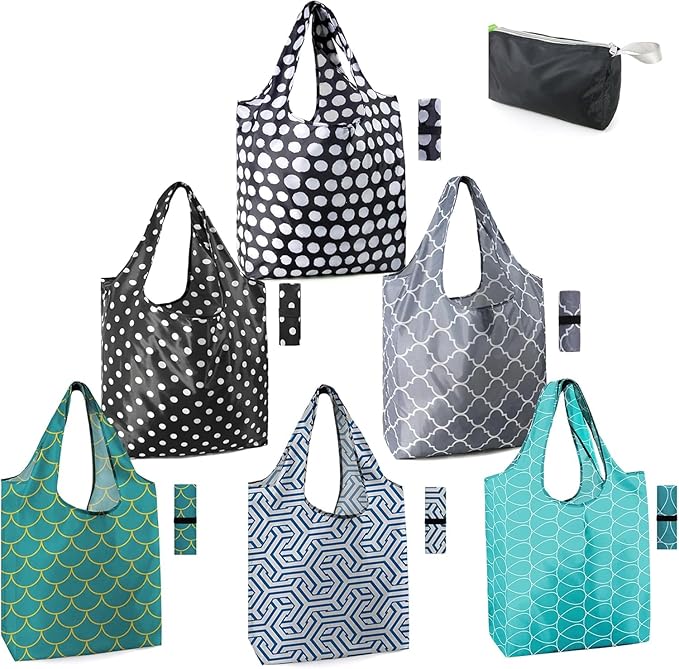BeeGreen Geometry Reusable Grocery Bags Bulk 6 Packs X-Large, Reusable Shopping Bags Foldable for Groceries, Vegetables, Fruits Watertight Bulk Tote Bags Washable For Women and Men