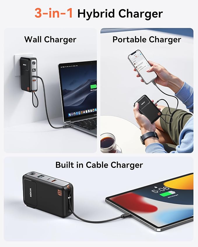 Portable Charger, 10000mAh Power Bank Built in Cable and Wall Plug 65W for Laptop, 3 in 1 Phone Battery Pack 35W Fast Charging, Travel Essentials USB C Compatible with iPhone 17 16 15 Samsung MacBook