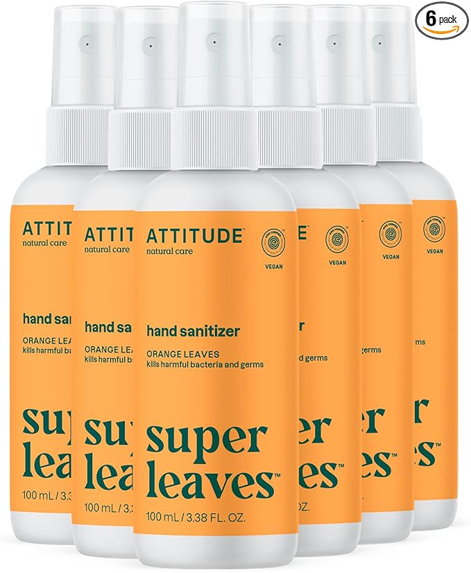ATTITUDE Hand Sanitizer Spray, EWG Verified, Kills Germs & Bacteria, Vegan & Plant-Based, Safe for Adults & Kids, Orange Leaves Scent, 3.38 Fl Oz (Pack of 6) (Spray Bottle)