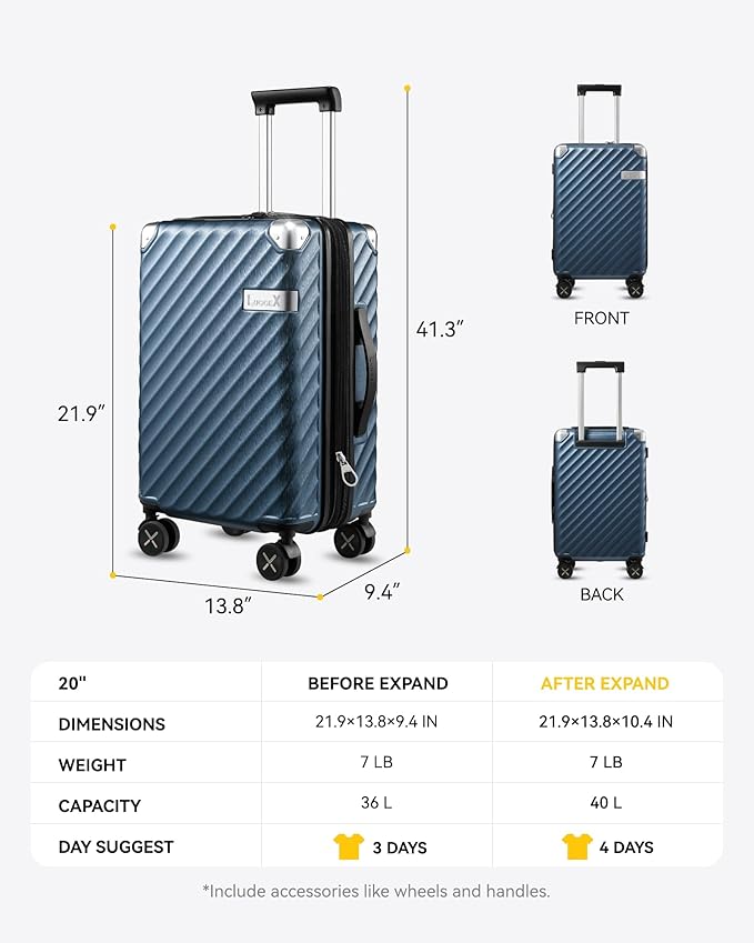 LUGGEX Luggage with Spinner Wheels, Polycarbonate Expandable Hard Shell Suitcase, Carry On 20 Inch, Hot Pink