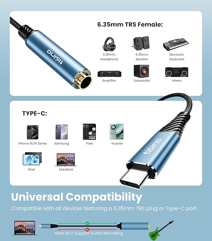 Tisino USB C to 1/4" Headphone Adapter-20cm, 384kHz/32bit USB C to 6.35mm TRS Stereo Jack Adapter Cable for Samrtphone, Laptop, Amplifiers, Mixers, Home Theater, 6.35mm Headphones-20cm