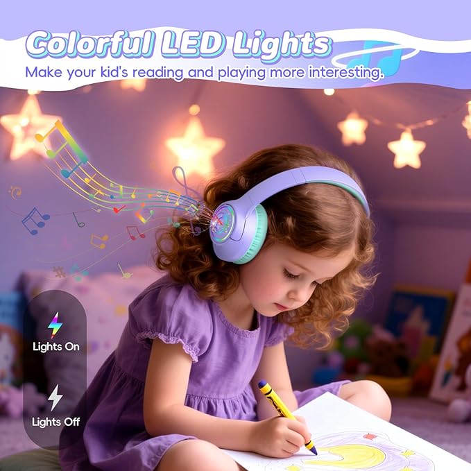 Kids Bluetooth Headphones, 85H Playtime Wireless Headphones for Kids, Colorful LED Lights, 85/94dB Safe Volume Limit, Bluetooth 5.4 Built-in Mic Toddler Headset for Tablet/Airplane/Travel (Purple)