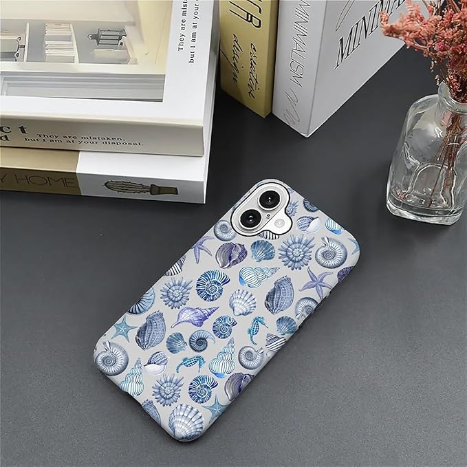 Case for iPhone 16,Summer Beachy Seashell for Woman Men Full Body Protective Cover Shockproof 2 in 1 Silicone + Hard PC Case for iPhone 16