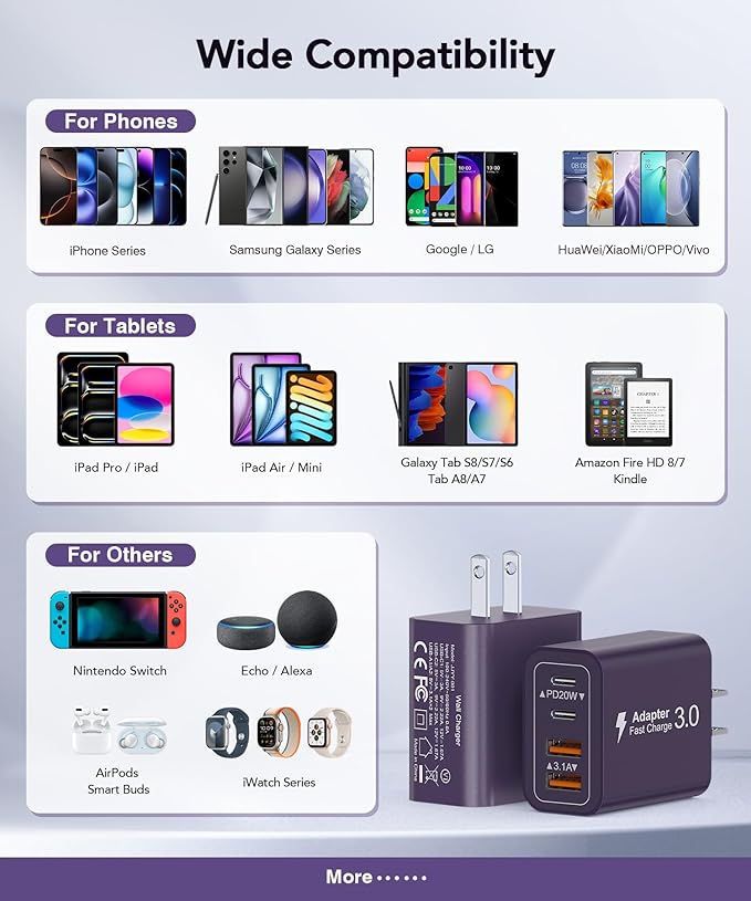 40W USB C Charger Block, 2-Pack 4-Port Type C Fast Charging Brick Dual PD&QC Wall Plug Adapter Power Brick for iPhone 16/15/14/13/12 Pro Max Plus/iPad/Airpods/iwatch/Samsung Galaxy (Purple)