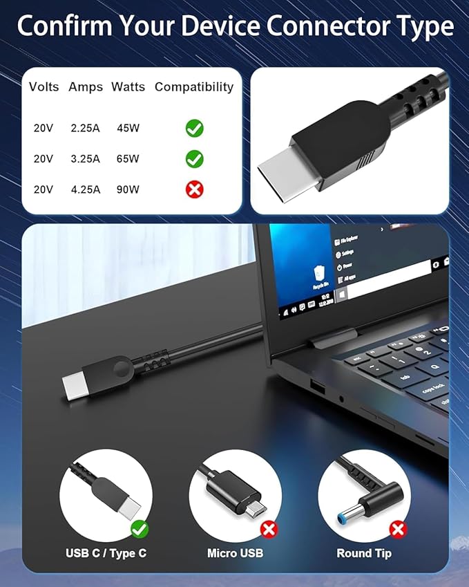 New Slim 65W USB C Laptop Charger Compatible with Lenovo Thinkpad Yoga Chromebook Computer Type C Fast Charging Power Cord AC Adapter