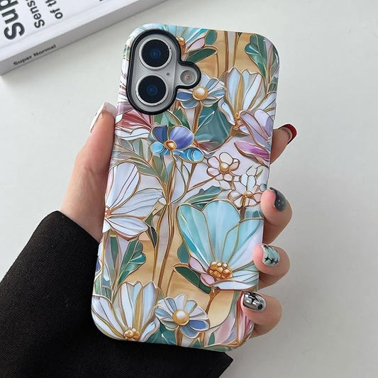 QLTYPRI Flower Case for iPhone 16, Aesthetic Cute Floral Phone Case for Girls Women, Protective Hybrid 2-Layer Hard Shell Silicone Cover Durable Shockproof Phone Cover - Bloom Flower