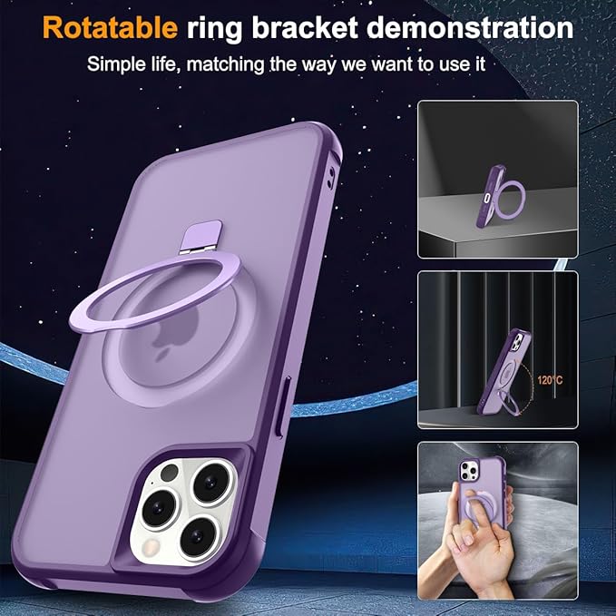 Magnetic Compatible with iPhone 12 Pro Max Case with Stand [Military Grade Drop Tested][Compatible with Magnet] Ring Translucent Slim Hard Back Soft Edge, Purple