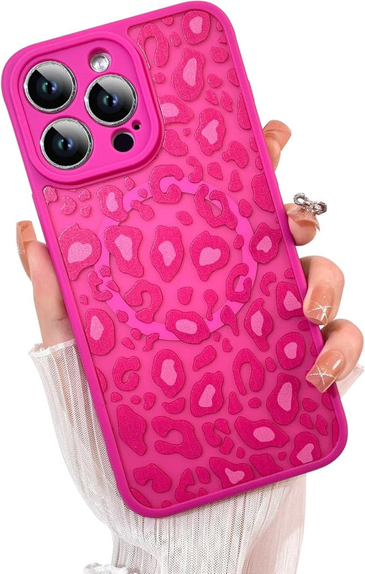 KANGHAR Case for iPhone 15 Pro Max Hot Pink Leopard Printed Pattern Cute Cheetah [Compatible with Magsafe] Protective Magnetic Case for Girls Women 6.7"