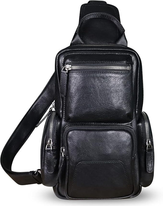 IVTG Genuine Leather Sling Bag Crossbody Casual Hiking Daypack Vintage Handmade Chest Bag Shoulder Backpack Motorcycle Pack (Darkgrey)