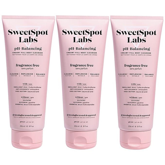 SweetSpot Labs pH Balanced Wash for Sensitive Skin, Sulfate Free, Clean, Gynecologist Tested & Approved, Unscented Body Wash, 8 oz (Pack of 3)