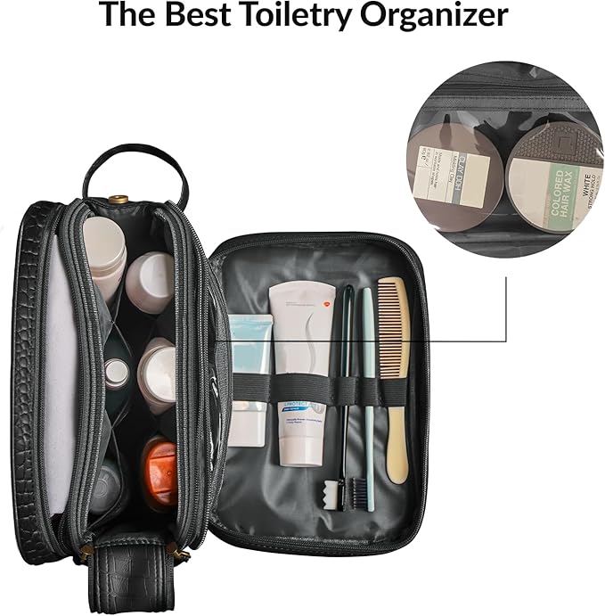 Dot&Dot Leather Toiletry Bag for Men Women - Spacious Womens Mens Toiletry Travel Bag, Large Travel Toiletries Bags (Black Croc, Large)