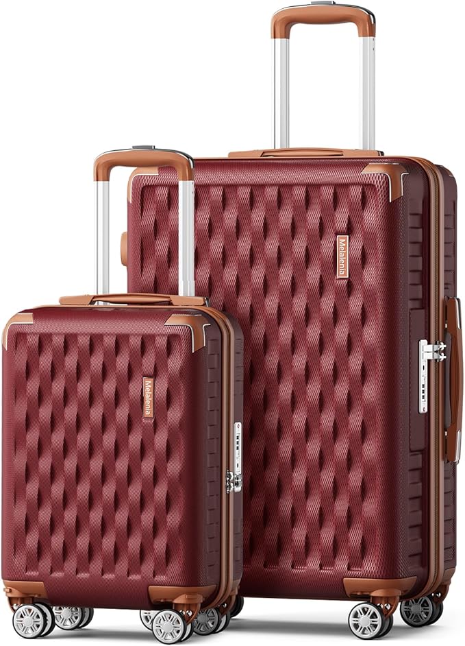Melalenia Luggage Sets 3 Piece, Hard Shell Carry on Suitcase with Spinner Wheels and TSA Lock, Travel Lightweight Luggage Set for Women, Red Brown