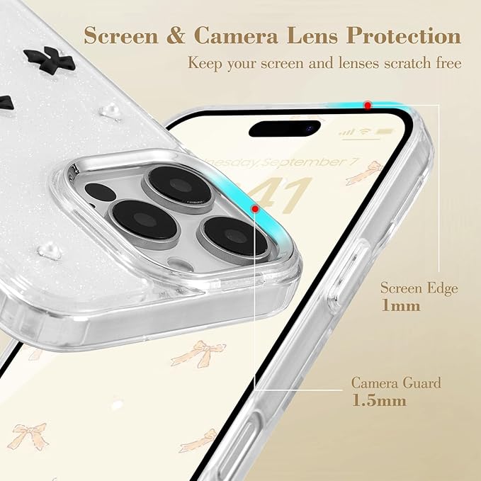 EYZUTAK Case for iPhone 17 Pro, Bling Glitter 3D Bowknot Phone Case Cute Sparkly Crystal Clear Bow Aesthetic Design Cover Slim Soft Durable TPU Transparent Protective Cover for Women Girl - Black Bow