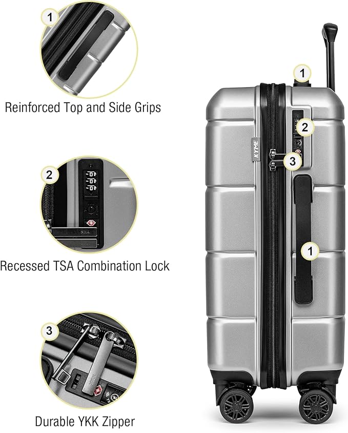 KYME Carry On Luggage 22x14x9 Airline Approved with Cup Holder Hardside Carry On Suitcase with Spinner Wheels Hardshell Travel Rolling 22 Inch Luggage with TSA Lock for Women Men Silver
