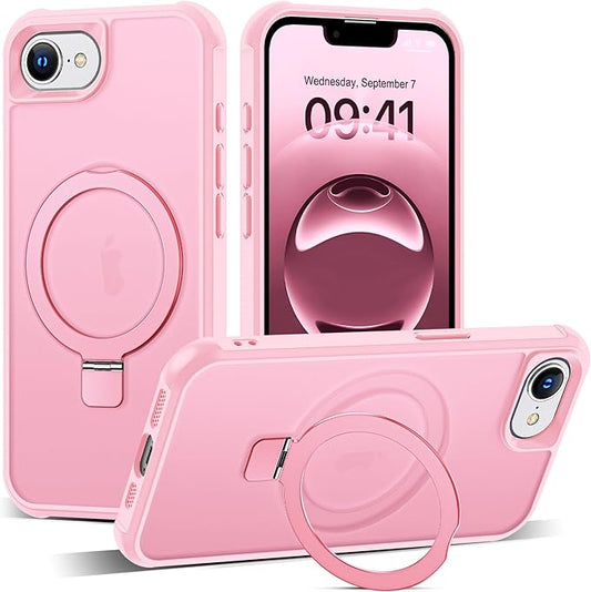 Compatible with iPhone 16E Case with Invisible Magnetic O-Ring Stand Military-Grade Translucent Case for iPhone 16E 6.1" 2025 [Compatible with Mag-Safe][Great Grip Feeling], Pink