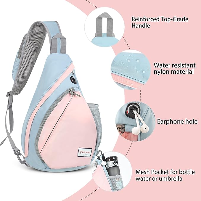 ZOMAKE Sling Bag,Small Crossbody Sling Backpack,Water Resistant Shoulder Daypack for Travel,Anti Thief Chest Bag for Hiking(Grey,Light Pink)