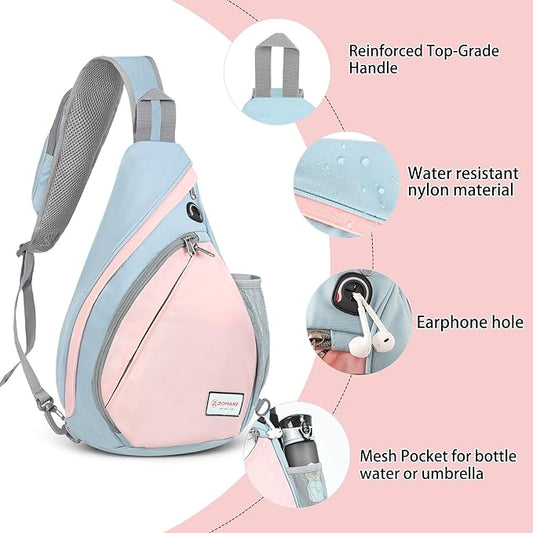ZOMAKE Sling Bag,Small Crossbody Sling Backpack,Water Resistant Shoulder Daypack for Travel,Anti Thief Chest Bag for Hiking(Grey,Light Pink)