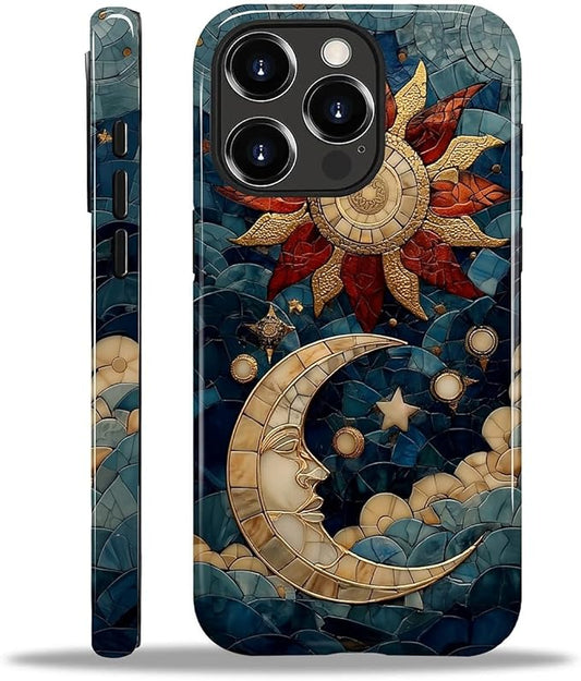 Case for iPhone 14 Pro Case,Sun Moon Stars Faux Stained Glass Design - Hybrid Dual Protection Silicone + Hard PC Shockproof Full Body Cover Slim Anti-Scratch Protective Case for Men Women