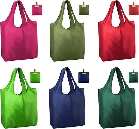 BeeGreen Colorful Reusable Grocery Bags 6 Pack, Heavy Duty Totes for Women, Foldable Grocery Bag Large Shopping Totes with Handles for Work, Travel, Gift, Store, Polyester Washable Reusable Tote Bag