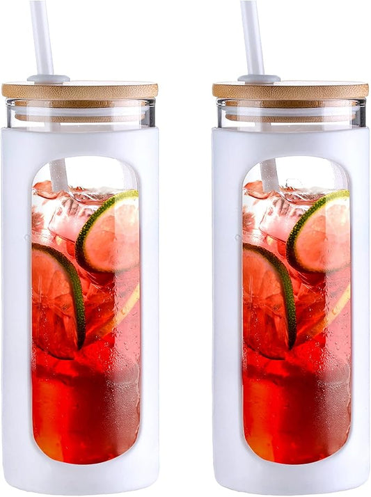 Kodrine 20oz Glass Tumbler with Straw and Lid, Bamboo Lids Water Bottle, Reusable Iced Coffee Cups, Wide Mouth Smoothie Cup with Protective Silicone Sleeve BPA FREE-White-2pack