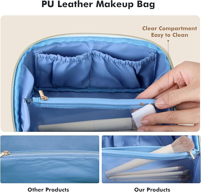 Prite Makeup Bag for Women Travel Waterproof Vegan Leather Cosmetic Bag Open Flat Toiletry Bag With Clear Divider and Handle (Blue)