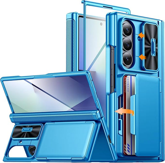 CENMASO for Samsung Galaxy Z Fold 7 Case with Card Holder [RFID Blocking] Camera Cover, Hinge Protection, Hidden Kickstand, Screen Protector, Slim Shockproof Phone Case for Galaxy Z Fold 7-Lake Blue