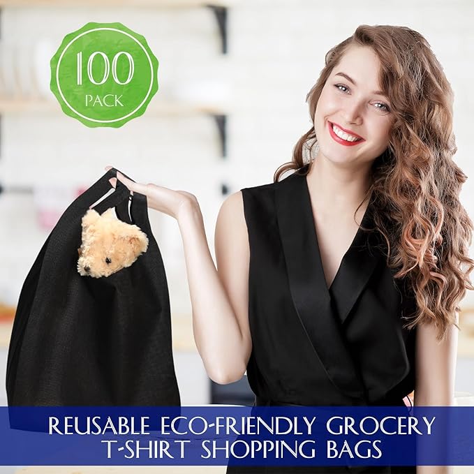 Windyun Large Grocery T-shirt Bags Bulk Reusable Non Woven Shopping Bag Foldable Gift Tote with Handle, 21x11x6 Inch