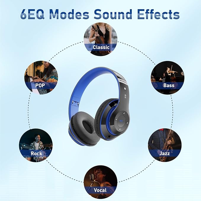 Bluetooth Headphones Over Ear, 6S Foldable Wireless Headphones with 6 EQ Modes, 40 Hours Playtime HiFi Stereo Headset with Mic, Soft Ear Pads, TF/FM for Cellphone/PC/Home (Black & Blue)