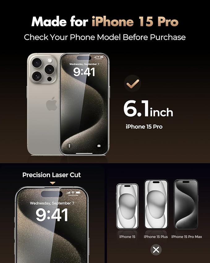 UNBREAKcable 3-Pack Screen Protector for iPhone 15 Pro Tempered Glass - [One-Pull Perfection] [Auto Dust-Elimination] [9H+ Hardness] [99.99% HD Clear] Full Coverage for iPhone 6.1 inch