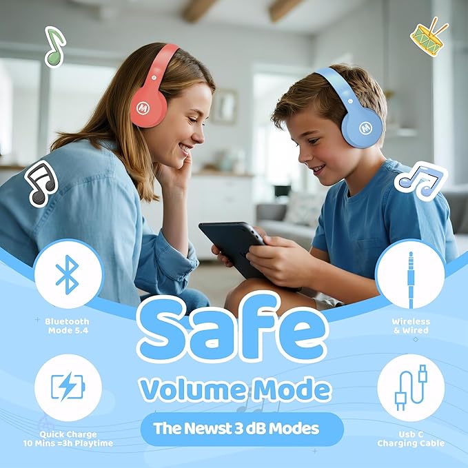 Headphones Kids Bluetooth 5.4 Wireless Play Time 68H Safe Volume Limit 85/94dB Over-Ear Foldable Headset,Fast Charging,with Aux Cord Built-in Mic for Toddler Child Pad Study Tablet Blue
