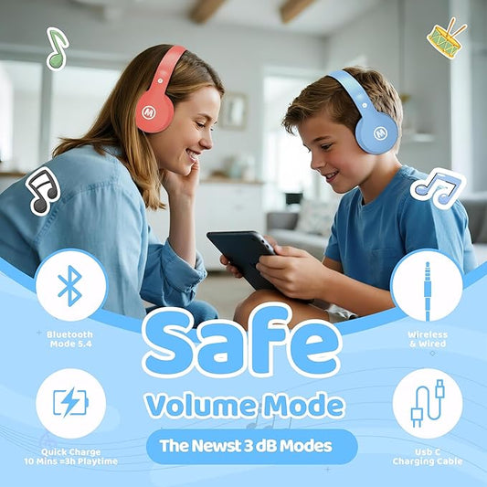 Headphones Kids Bluetooth 5.4 Wireless Play Time 68H Safe Volume Limit 85/94dB Over-Ear Foldable Headset,Fast Charging,with Aux Cord Built-in Mic for Toddler Child Pad Study Tablet Blue