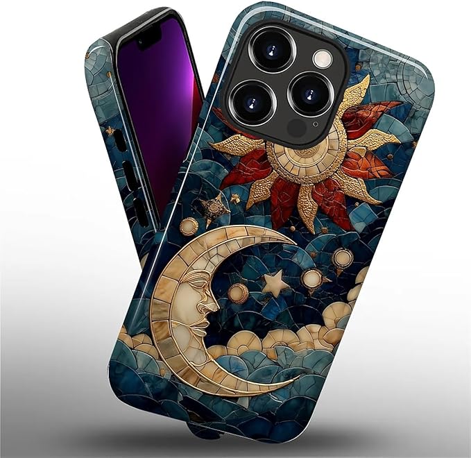 Case for iPhone 13 Pro Case,Sun Moon Stars Faux Stained Glass Design - Hybrid Dual Protection Silicone + Hard PC Shockproof Full Body Cover Slim Anti-Scratch Protective Case for Men Women