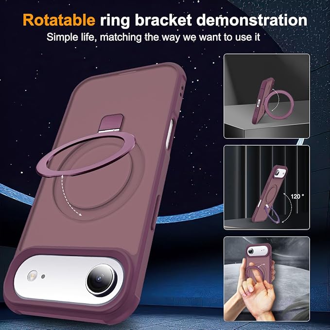 Compatible with iPhone 17 Air Case with Invisible Magnetic O-Ring Stand Military-Grade Translucent Phone Case for iPhone 17 Air 6.5" [Compatible with Mag-Safe][Great Grip Feeling], Wine Red
