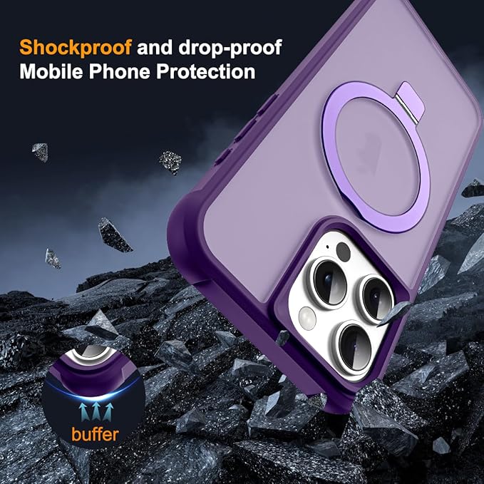 Compatible with iPhone 15 Pro Max Case with Invisible Magnetic O-Ring Stand Military-Grade Translucent Case for iPhone 15 ProMax 6.7" [Compatible with Mag-Safe][Great Grip Feeling], Purple