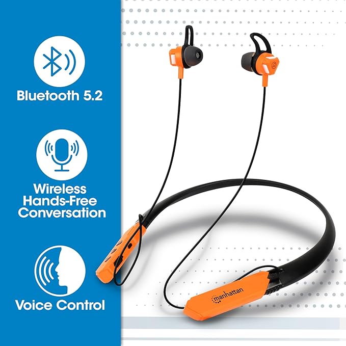 MANHATTAN Bluetooth Wireless Neckband Headphones — Work Earbud Earphones with 15H Playtime, Noise-Isolating, IPX4 Water Resistant, Built-in Mic – for Work, Music, Calls – 3 Yr Mfg Warranty -179829