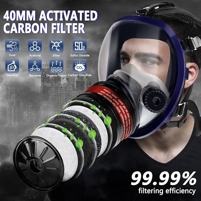 Full Face Gas Respirator Mask - Gas Masks Survival Nuclear and Chemical with Activated Carbon Filters