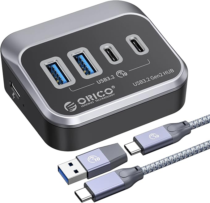 ORICO USB Hub 10Gbps with 2 USB A Ports+2 USB C Ports, USB 3.2 Gen 2 Hub with 1.64Ft USB-C Cable and USB-A Adapter USB Splitter for iMac, MacBooks, Mac mini