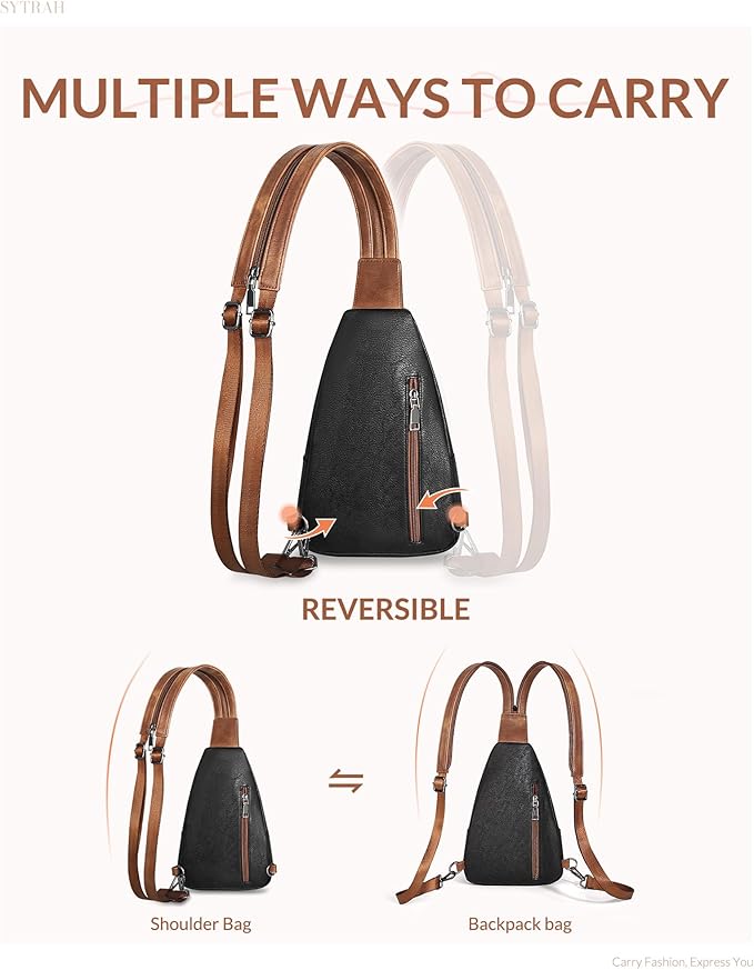 Sling Bag for Women, Crossbody Bags for Women Trendy Crossbody Purse Vegan Leather Sling Backpack Chest Bag with Dual Purpose Strap, Black Brown