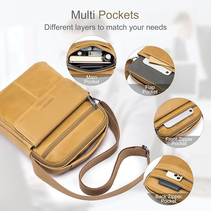 Men's Leather Crossbody Shoulder Bag - Messenger Satchel Travel Handbag