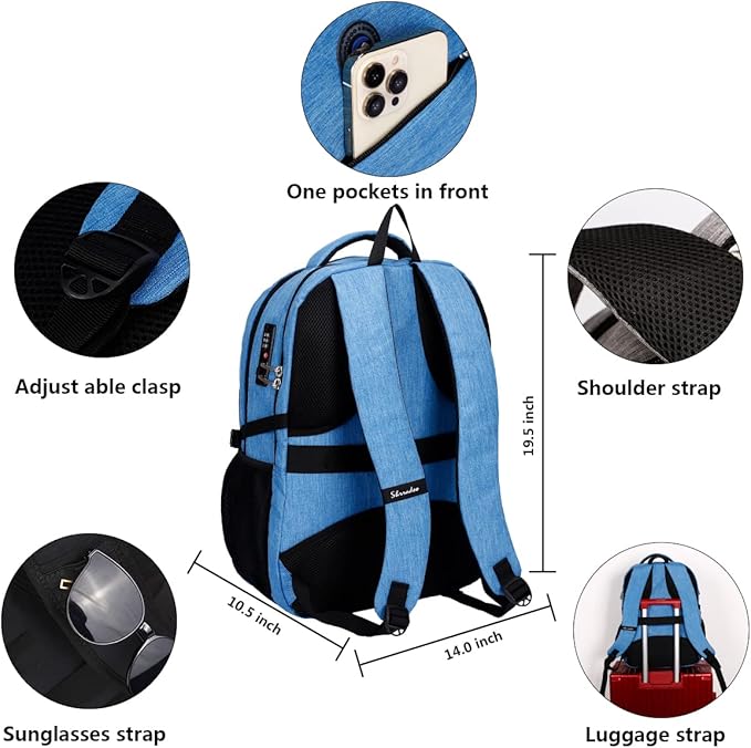 SHRRADOO Anti Theft Laptop Backpack Travel Backpacks with usb Charging Port for Women Men High School College Backpack Computer Bag Fits 17 Inch Laptop,Sky Blue