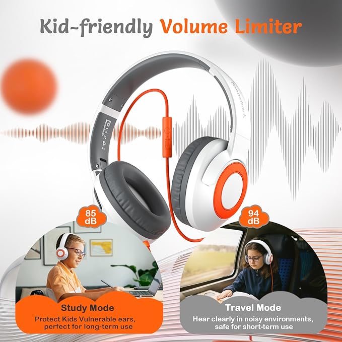 Kids Wired Headphones with Microphone, Volume Limited to 85/94dB Earphone for Boys & Girls, Foldable 3.5mm Jack Headset for School & Travel, Includes Portable Case