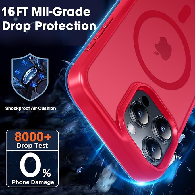 MOCCA Strong Magnetic for iPhone 16 Pro Max Phone Case, [Compatible with Magsafe][16FT Mil-Grade Drop Protection] Slim Thin Translucent Matte Protective Cover Case for iPhone 16 Pro Max Case, Red