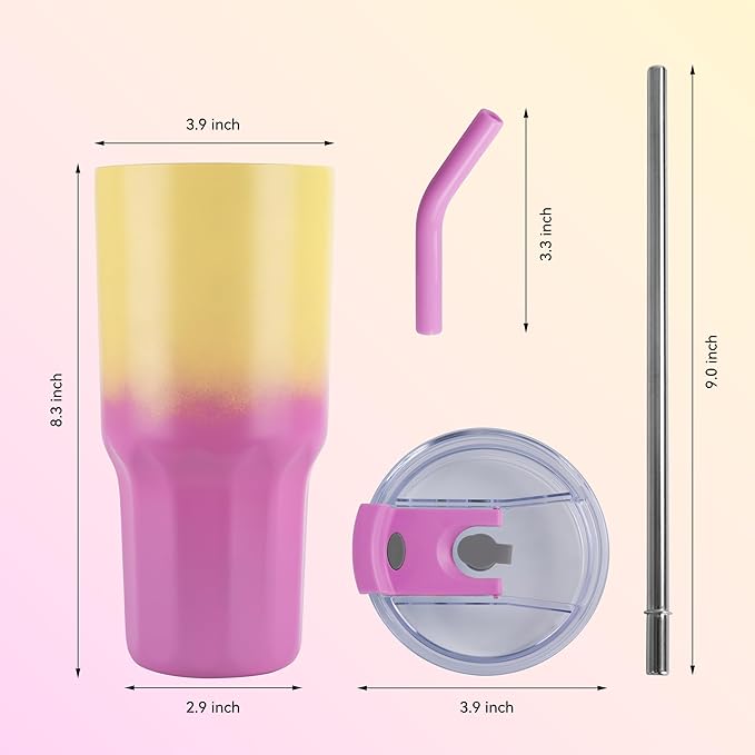 VEGOND 30 oz Insulated Stainless Steel Tumblers with lid and straw Bulk Pack Coffee Mug with Non-Slip Silicone Base, Sweat Proof Powder Coated Cup for Hot Cold Drinks, Pink and Yellow 4Pack