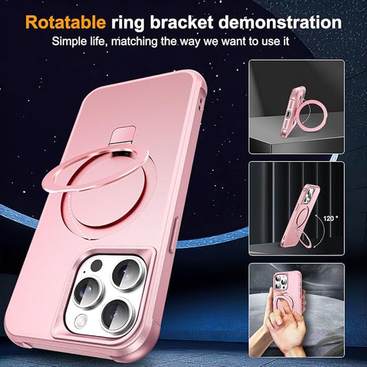 Compatible with iPhone 12 Pro Max Case & iPhone 13 Pro Max Case 6.7" with Magnetic O-Ring Stand [Compatible with Mag-Safe][Great Grip Feeling], Rose Gold