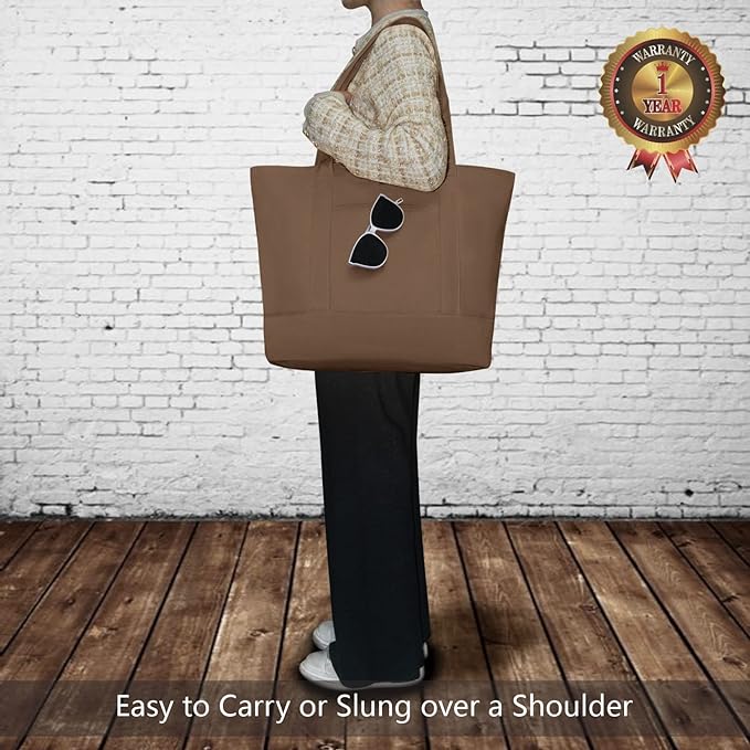 TOPDesign 1-Pack Canvas Tote Bag with an External Pocket, Reusable Grocery Shopping Bag, Top Zipper Closure, Daily Essentials (Brown)