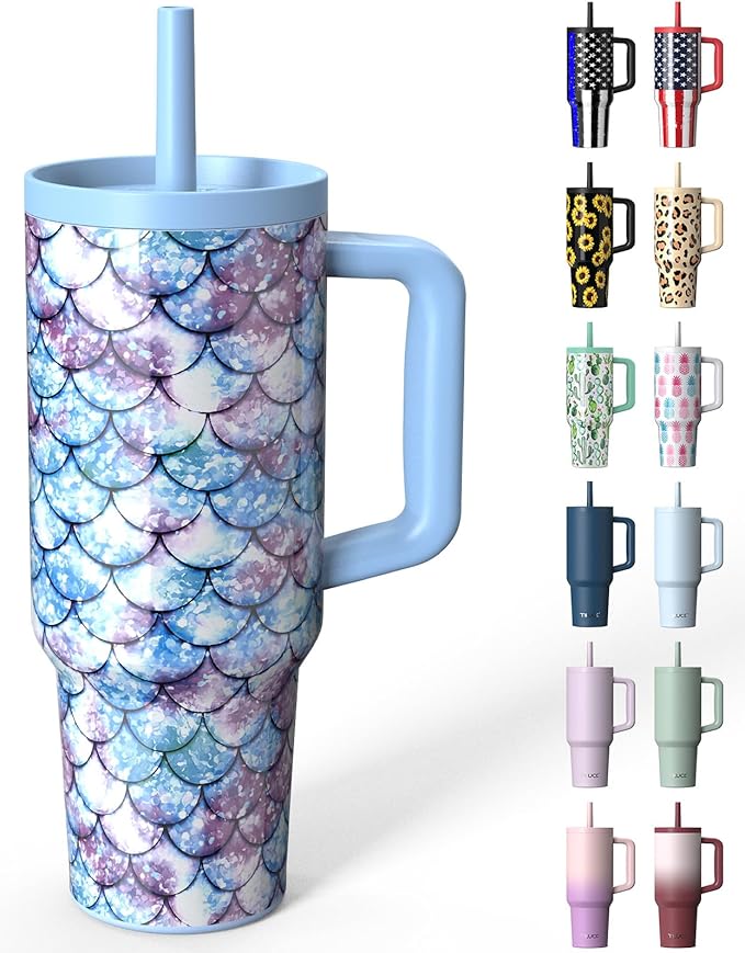 TILUCK 40 oz Tumbler with Handle, Vacuum Insulated Stainless Steel Travel Mug with 100% Leak-Proof Silicone Straw Lid, Cupholder Friendly Water Bottle(FishScales, 40oz)